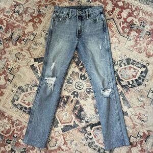 GAP Distressed High‎ Rise Straight Leg Jeans Medium Wash Ripped Knee Size 2 Reg